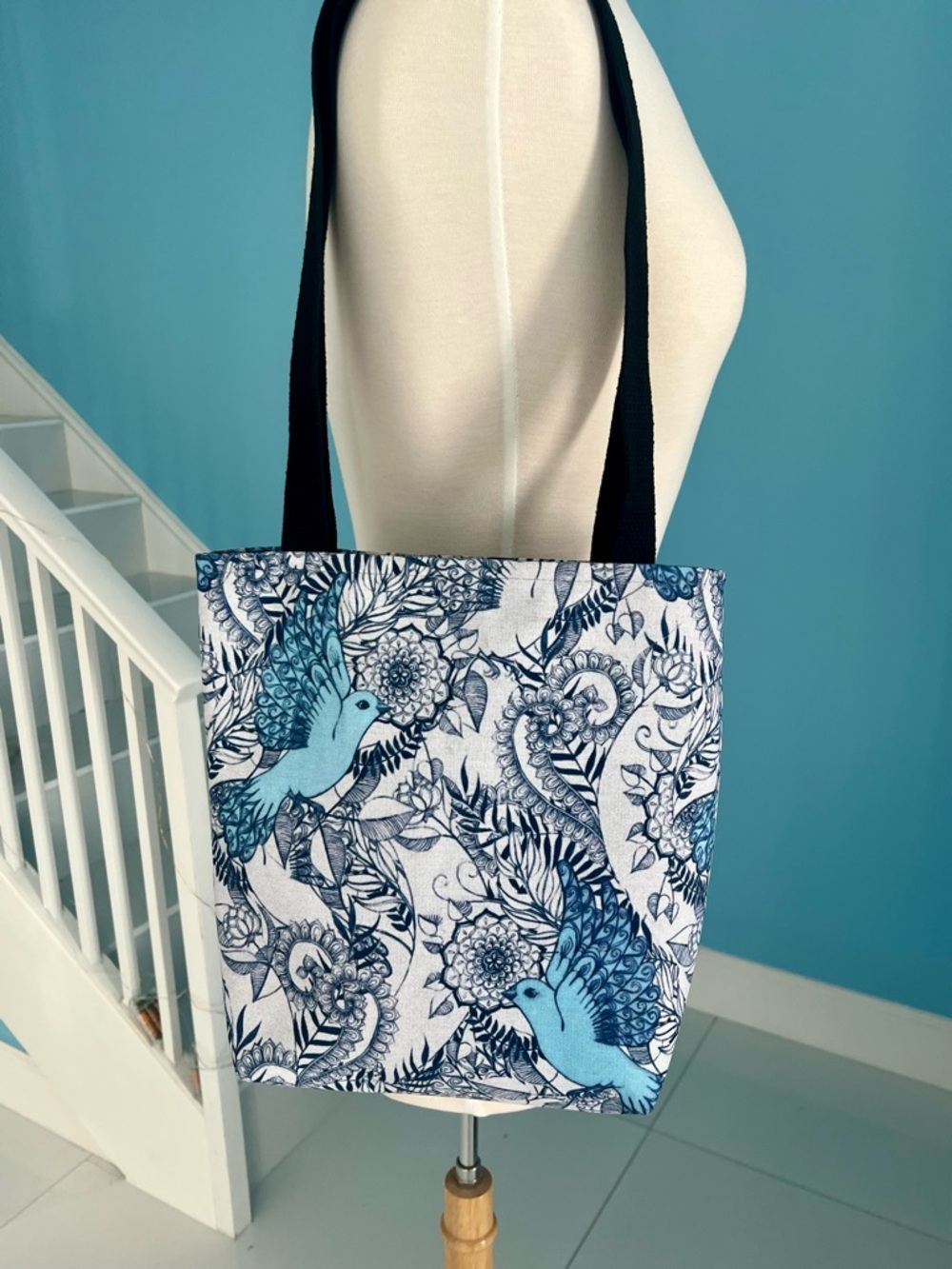 Blue Floral Bird Canvas Tote Bag with Black Straps